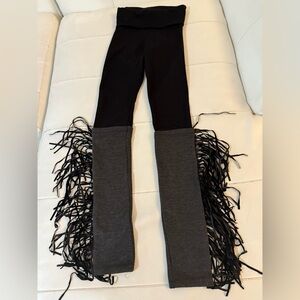 Funky black gray high rise fold over leggings with leather fringe XS